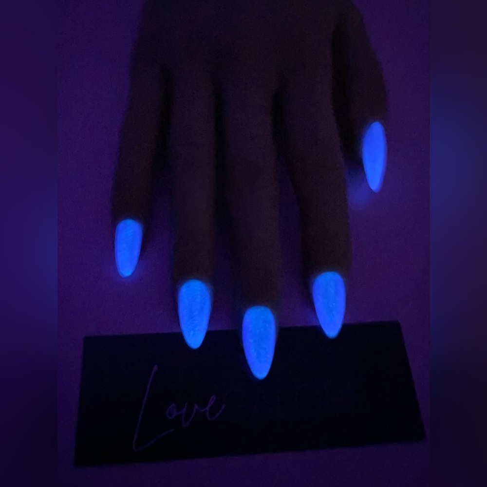 Handcrafted Press on Nails Blue Glow in dark Medium Almond - Love Galore